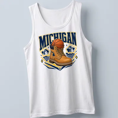 Bold graphic of a work boot and basketball with Michigan text — printed on a tank top