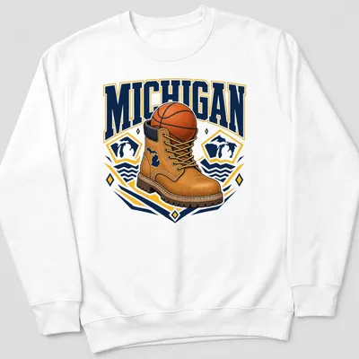 Bold graphic of a work boot and basketball with Michigan text — printed on a unisex sweatshirt