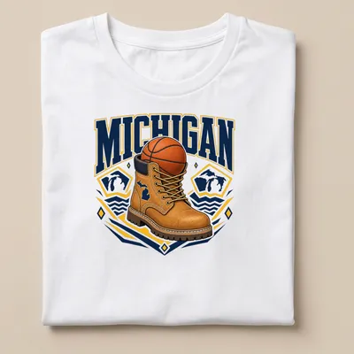 Bold graphic of a work boot and basketball with Michigan text