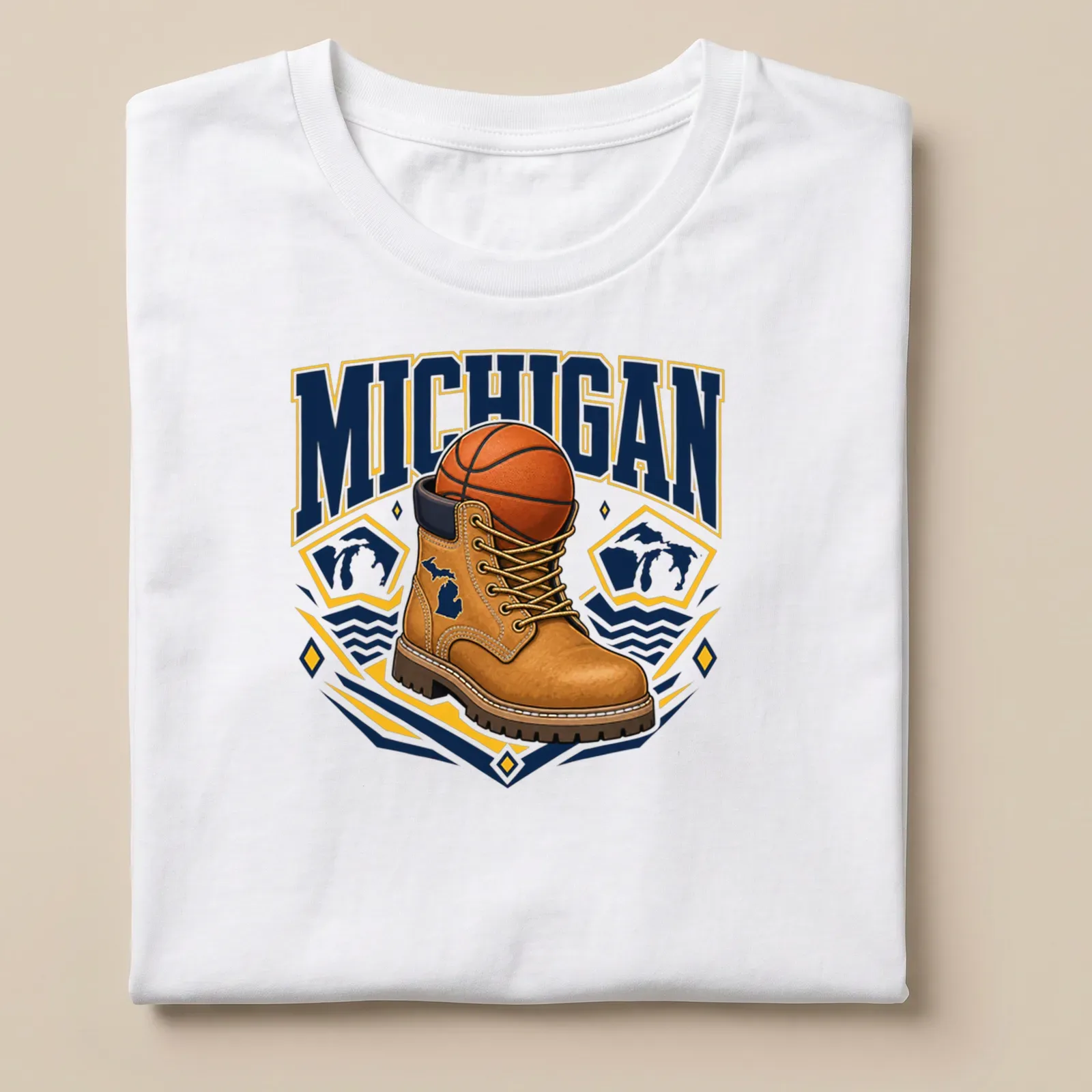 Bold graphic of a work boot and basketball with Michigan text — printed on a unisex t-shirt