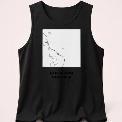 Minimalist tee featuring Mililani Mauka map coordinates in black and white — printed on a tank top