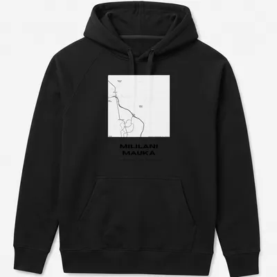 Minimalist tee featuring Mililani Mauka map coordinates in black and white — printed on a unisex hoodie