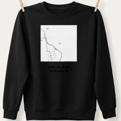Minimalist tee featuring Mililani Mauka map coordinates in black and white — printed on a unisex sweatshirt