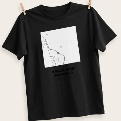 Minimalist tee featuring Mililani Mauka map coordinates in black and white