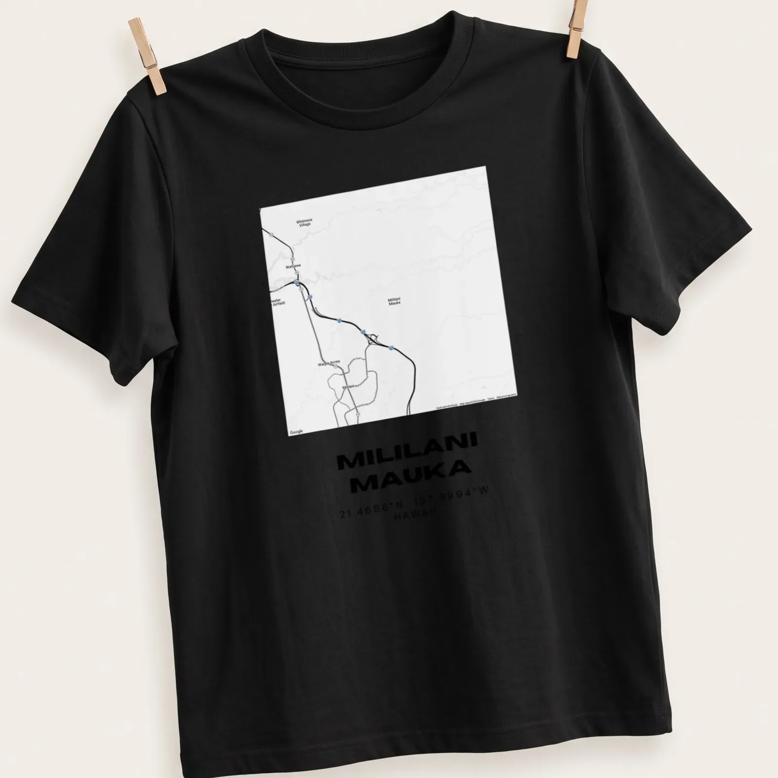 Minimalist tee featuring Mililani Mauka map coordinates in black and white — printed on a unisex t-shirt