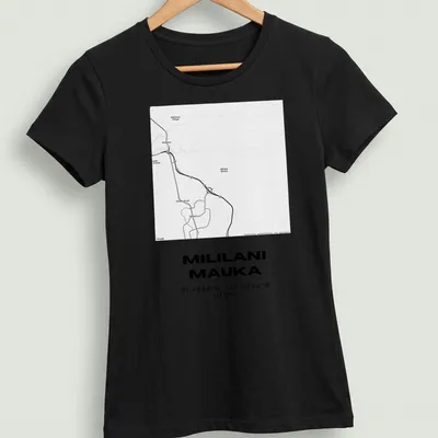 Minimalist tee featuring Mililani Mauka map coordinates in black and white — printed on a women's shirt