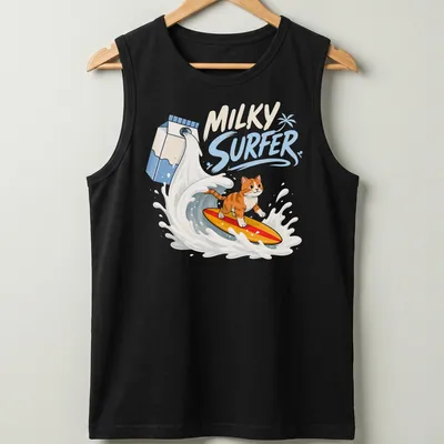 Kawaii cartoon of a cat surfing on waves with vibrant colors — printed on a tank top