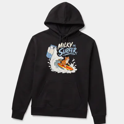 Kawaii cartoon of a cat surfing on waves with vibrant colors — printed on a unisex hoodie