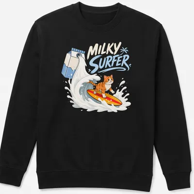 Kawaii cartoon of a cat surfing on waves with vibrant colors — printed on a unisex sweatshirt
