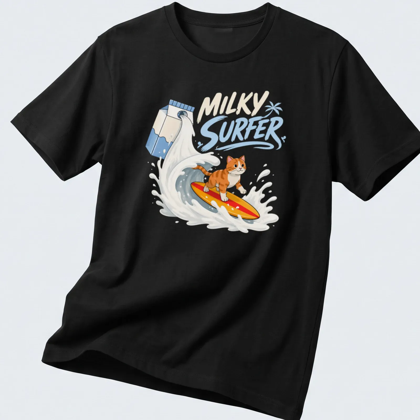 Kawaii cartoon of a cat surfing on waves with vibrant colors — printed on a unisex t-shirt
