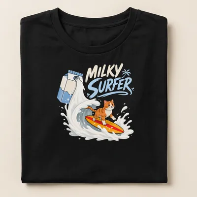 Kawaii cartoon of a cat surfing on waves with vibrant colors — printed on a women's shirt