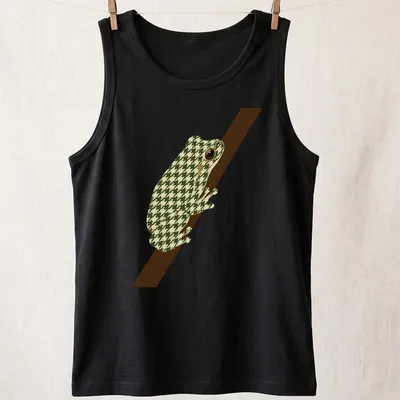 Geometric illustration of a minimalist tree frog in green and cream tones. — printed on a tank top