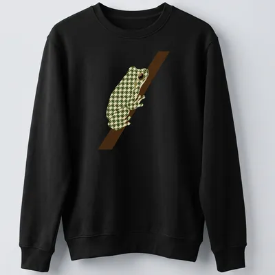 Geometric illustration of a minimalist tree frog in green and cream tones. — printed on a unisex sweatshirt