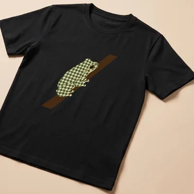 Geometric illustration of a minimalist tree frog in green and cream tones.