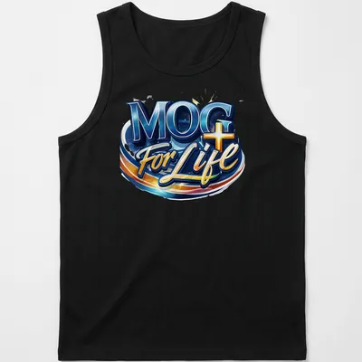 Bold blue and gold MOG For Life T-shirt with colorful lettering. — printed on a tank top
