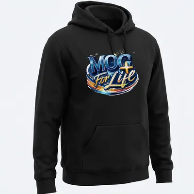 Bold blue and gold MOG For Life T-shirt with colorful lettering. — printed on a unisex hoodie