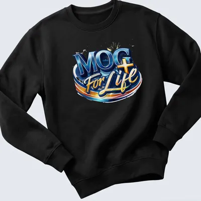 Bold blue and gold MOG For Life T-shirt with colorful lettering. — printed on a unisex sweatshirt