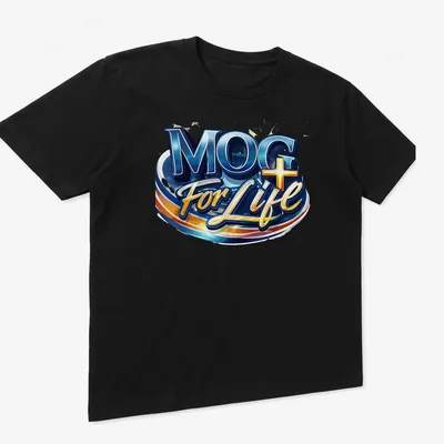 Bold blue and gold MOG For Life T-shirt with colorful lettering. — printed on a unisex t-shirt (angled view)