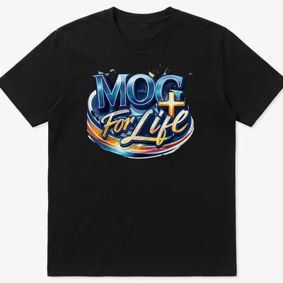 Bold blue and gold MOG For Life T-shirt with colorful lettering.