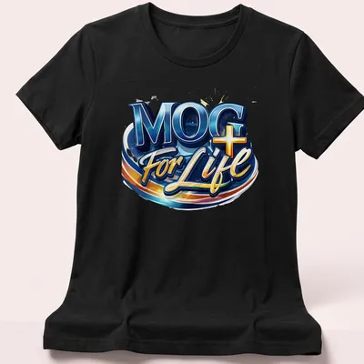 Bold blue and gold MOG For Life T-shirt with colorful lettering. — printed on a women's shirt