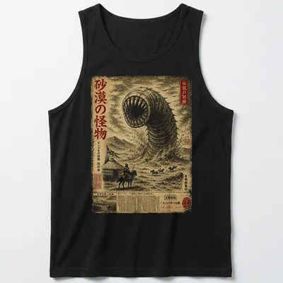 Vintage graphic of Mongolian Death Worm with gold, black, and white colors — printed on a tank top