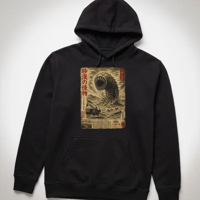 Vintage graphic of Mongolian Death Worm with gold, black, and white colors — printed on a unisex hoodie