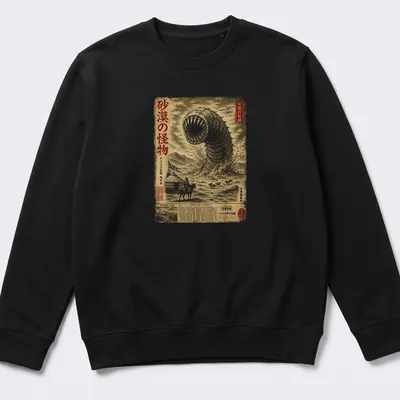 Vintage graphic of Mongolian Death Worm with gold, black, and white colors — printed on a unisex sweatshirt