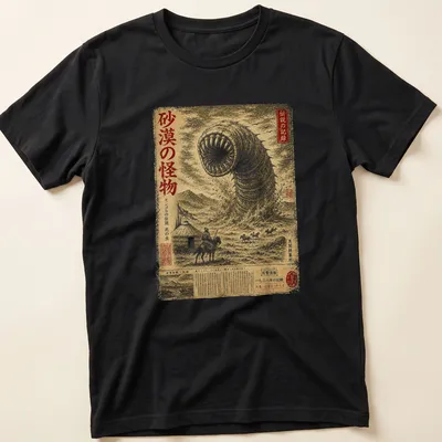 Vintage graphic of Mongolian Death Worm with gold, black, and white colors