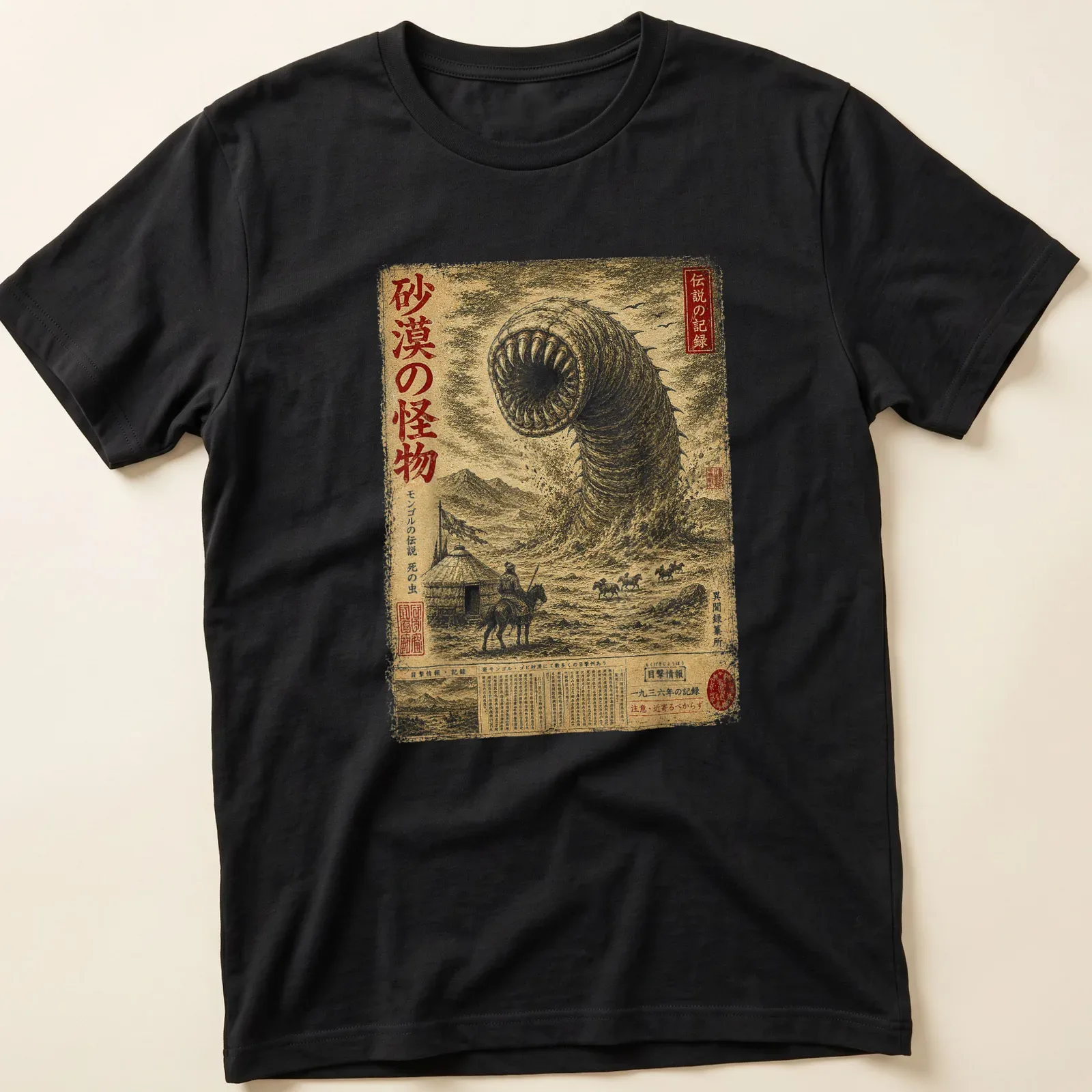 Vintage graphic of Mongolian Death Worm with gold, black, and white colors — printed on a unisex t-shirt