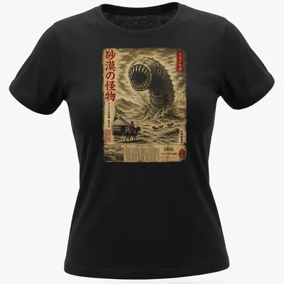 Vintage graphic of Mongolian Death Worm with gold, black, and white colors — printed on a women's shirt
