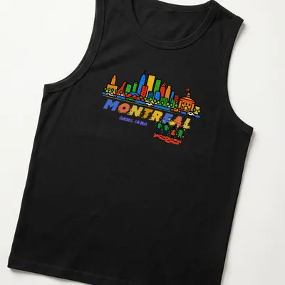 Colorful cartoon graphic of Montreal skyline with people and text — printed on a tank top