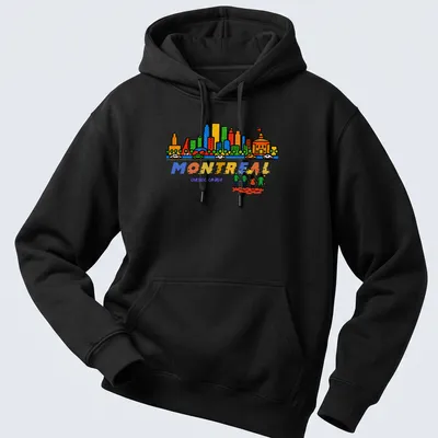 Colorful cartoon graphic of Montreal skyline with people and text — printed on a unisex hoodie