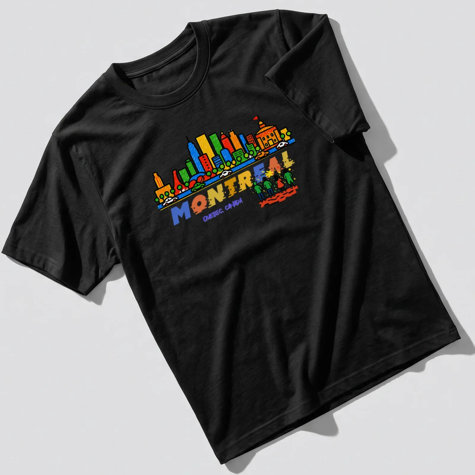 Colorful cartoon graphic of Montreal skyline with people and text — printed on a unisex t-shirt