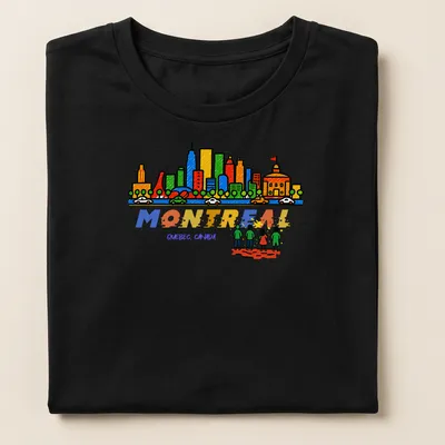 Colorful cartoon graphic of Montreal skyline with people and text — printed on a women's shirt