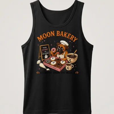 Vintage illustration of a boxer dog in a bakery with donuts and playful text — printed on a tank top