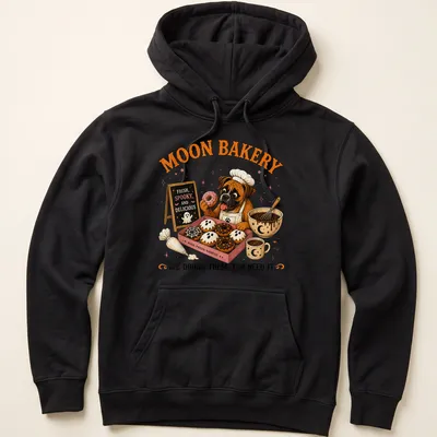 Vintage illustration of a boxer dog in a bakery with donuts and playful text — printed on a unisex hoodie