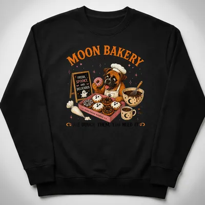 Vintage illustration of a boxer dog in a bakery with donuts and playful text — printed on a unisex sweatshirt