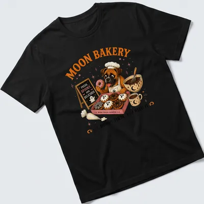 Vintage illustration of a boxer dog in a bakery with donuts and playful text