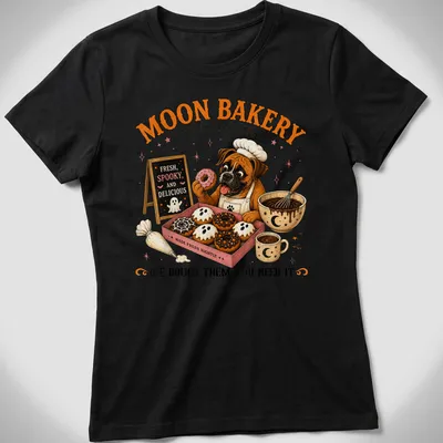 Vintage illustration of a boxer dog in a bakery with donuts and playful text — printed on a women's shirt