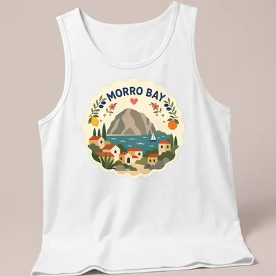 Morro Bay landscape t-shirt featuring houses and a mountain in modern folk art style — printed on a tank top