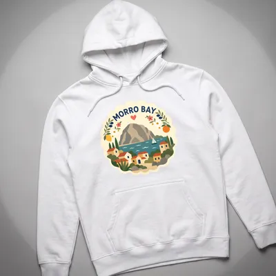 Morro Bay landscape t-shirt featuring houses and a mountain in modern folk art style — printed on a unisex hoodie