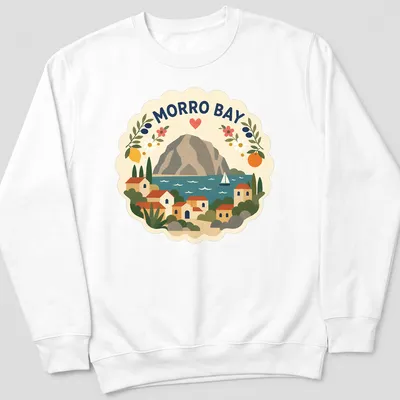 Morro Bay landscape t-shirt featuring houses and a mountain in modern folk art style — printed on a unisex sweatshirt