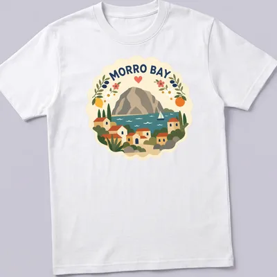 Morro Bay landscape t-shirt featuring houses and a mountain in modern folk art style