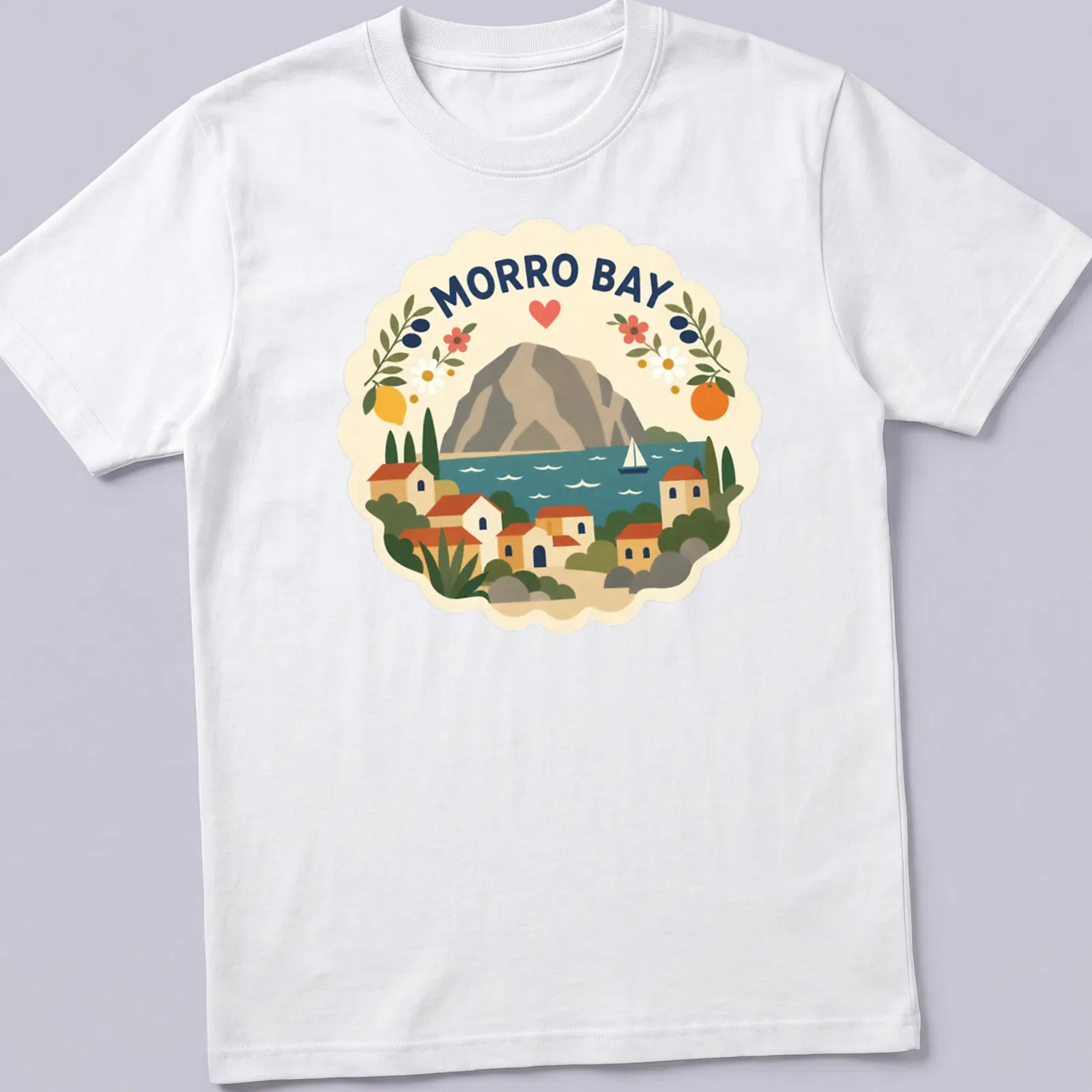 Morro Bay landscape t-shirt featuring houses and a mountain in modern folk art style — printed on a unisex t-shirt