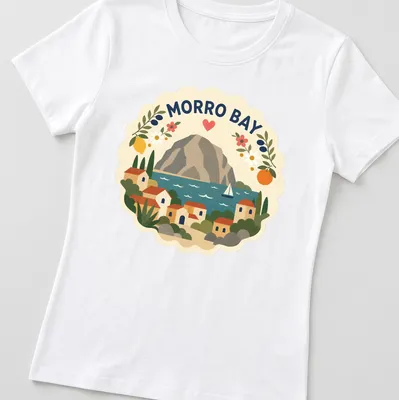 Morro Bay landscape t-shirt featuring houses and a mountain in modern folk art style — printed on a women's shirt