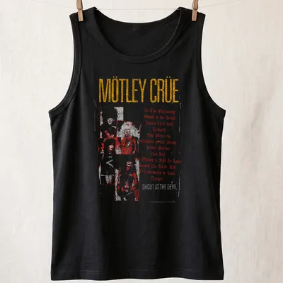 Vintage distressed Mötley Crüe shirt with band members and song titles in black, red, white, and gold — printed on a tank top