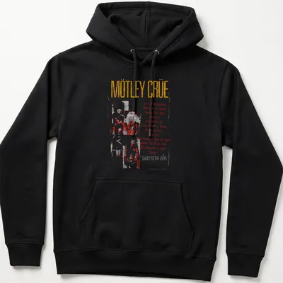 Vintage distressed Mötley Crüe shirt with band members and song titles in black, red, white, and gold — printed on a unisex hoodie