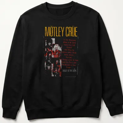 Vintage distressed Mötley Crüe shirt with band members and song titles in black, red, white, and gold — printed on a unisex sweatshirt