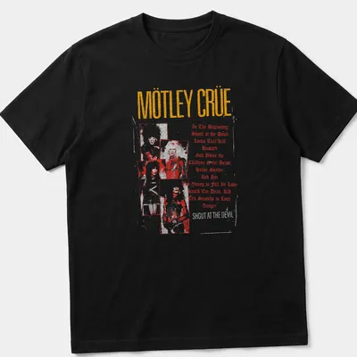 Vintage distressed Mötley Crüe shirt with band members and song titles in black, red, white, and gold