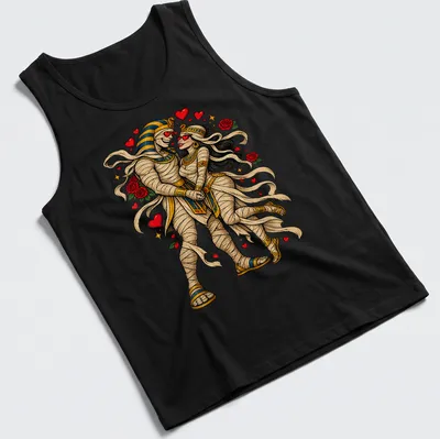 Colorful vintage design of a mummy couple in love holding hands — printed on a tank top